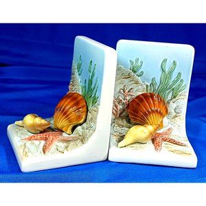 Beach Ocean Nautical Decor Realistic Seashell Starfish Sand Bookends Cottage Vtg